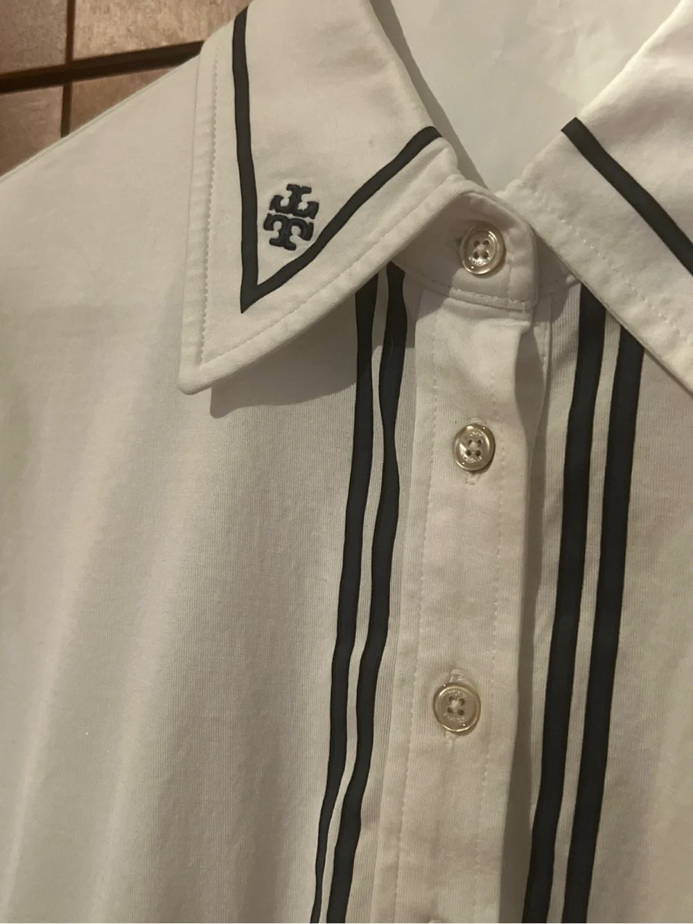 Tory Burch RETRO MERCERIZED COTTON POLO Size Small White Blue Preowned Mint!